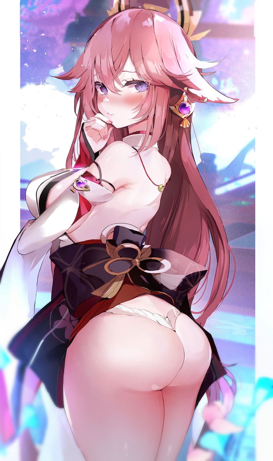 animal_ears ass fundoshi genshin_impact japanese_clothes niku_(hamuchang) no_bra skirt_lift thong wet yae_miko