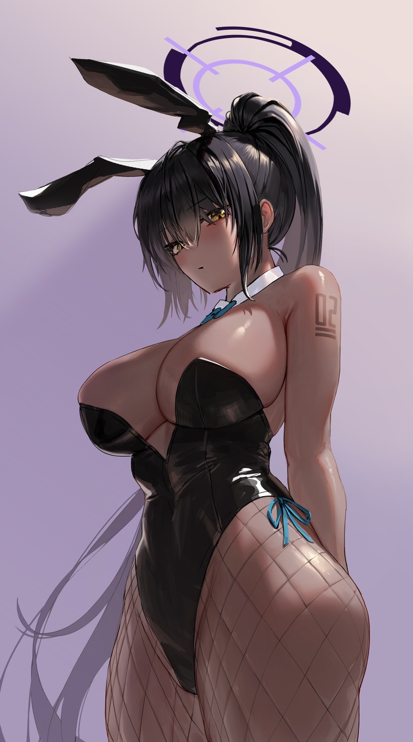 animal_ears blue_archive bunny_ears bunny_girl chochomi fishnets halo kakudate_karin no_bra pantyhose tattoo