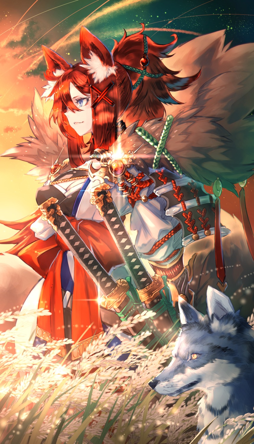 animal_ears cleavage japanese_clothes mito_itsuki sword