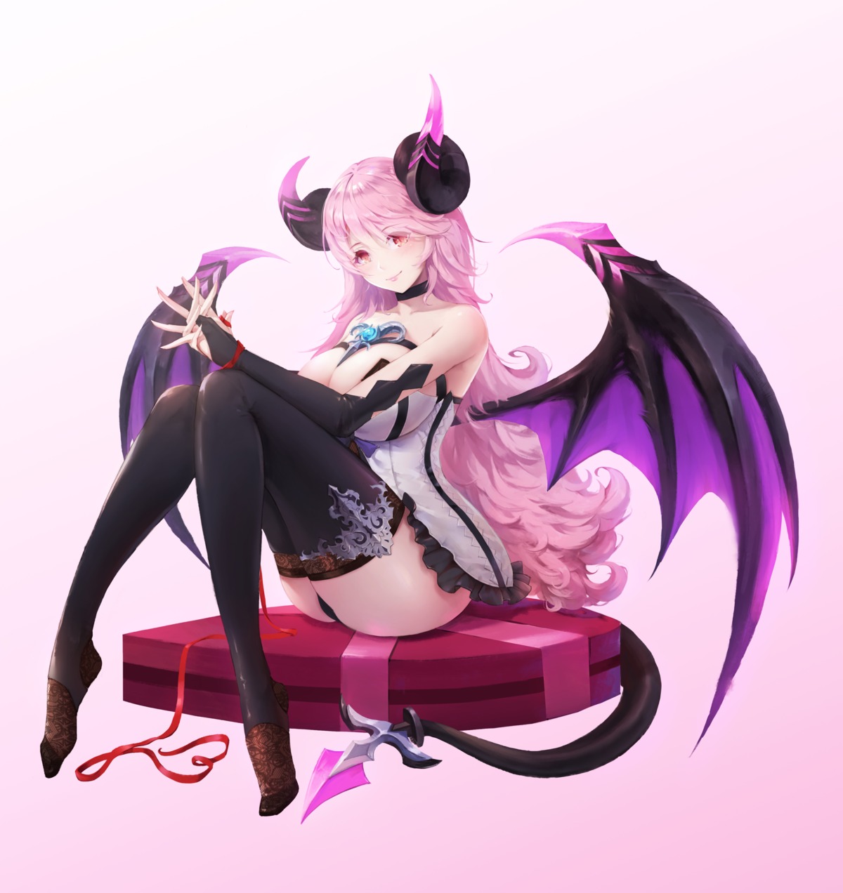 aura_kingdom cleavage cookman devil horns morrigan_(aura_kingdom) pantsu tail thighhighs valentine wings