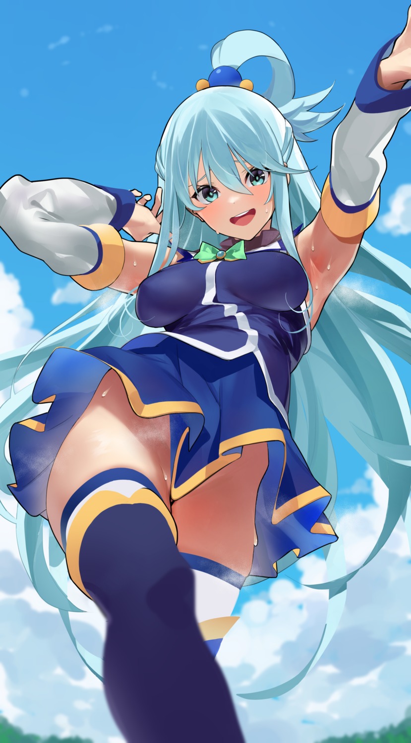 aqua_(konosuba) jikatarou kono_subarashii_sekai_ni_shukufuku_wo! nopan skirt_lift thighhighs wet