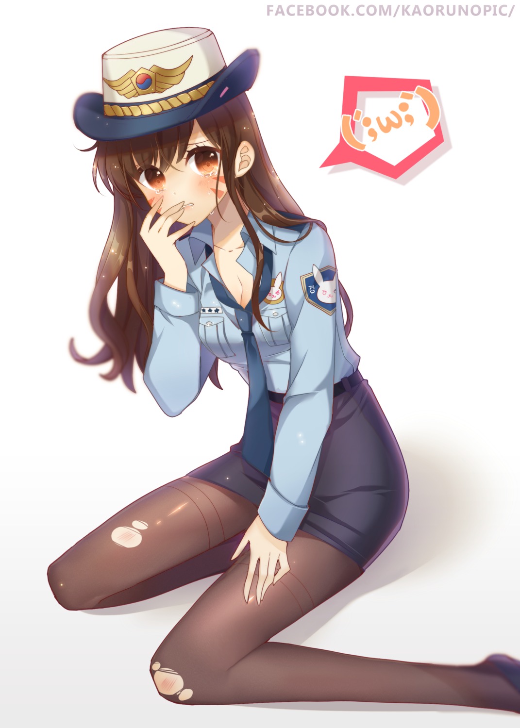 atobesakunolove cleavage d.va official_watermark overwatch pantyhose police_uniform torn_clothes