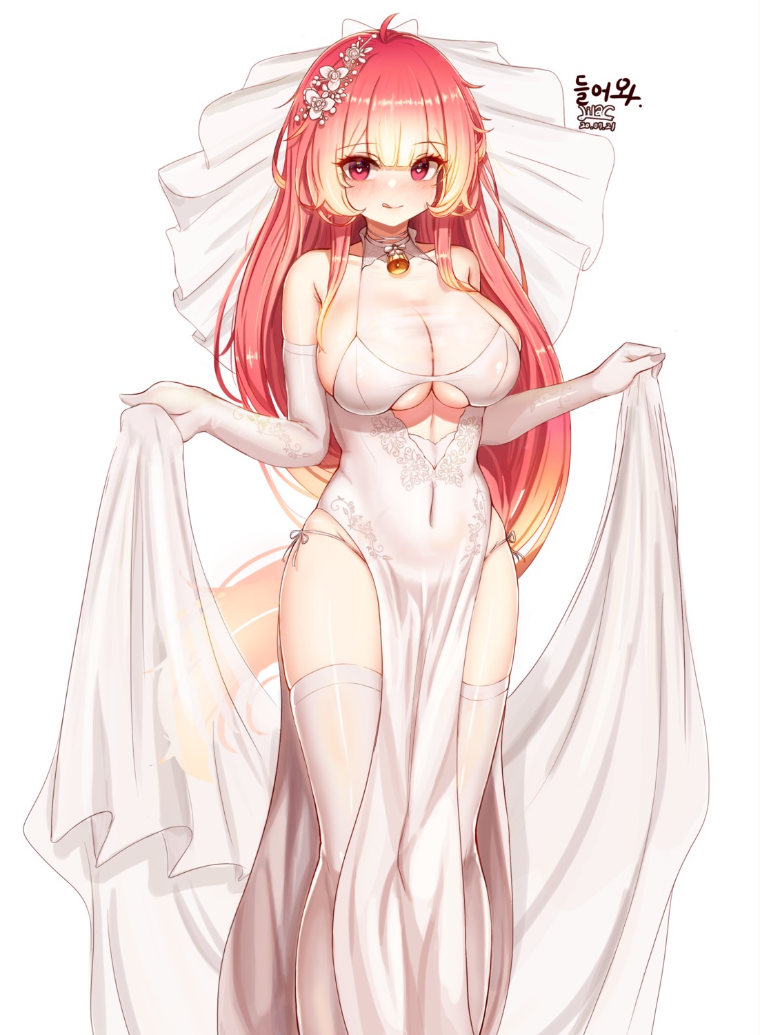 areola dress lilac_(k32420276) no_bra pantsu see_through soul_worker string_panties thighhighs wedding_dress