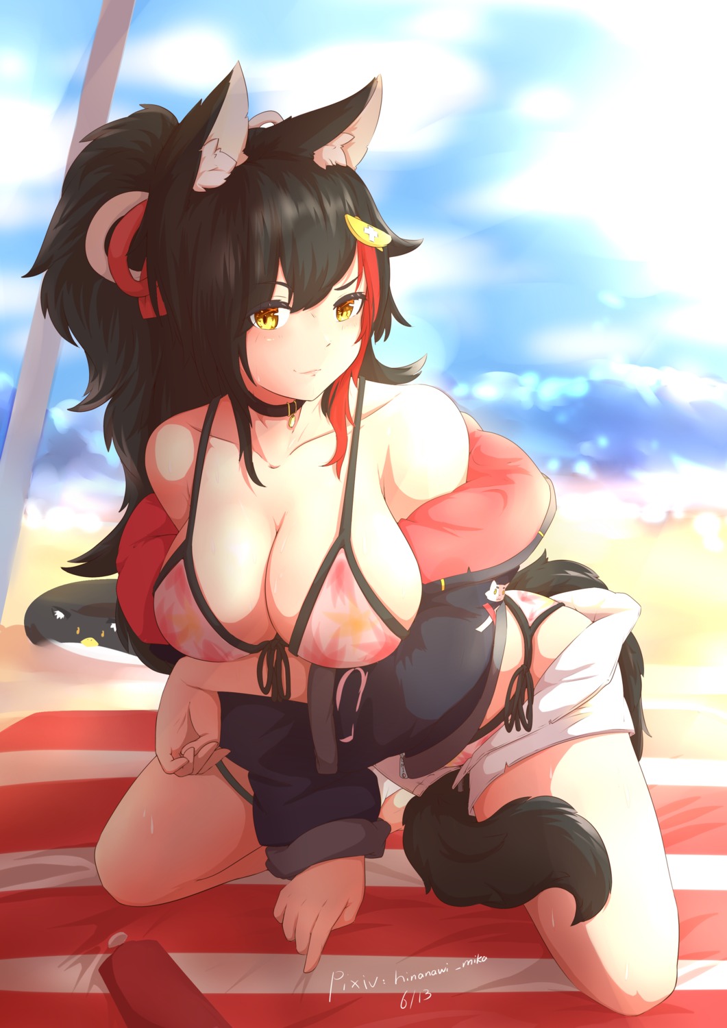 animal_ears bikini breast_hold hinanawi_mika hololive hololive_gamers ookami_mio open_shirt swimsuits tail