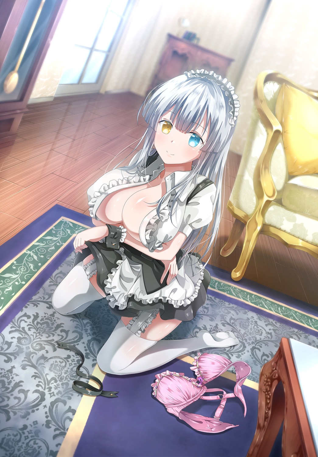 breast_hold cleavage emoi_do heterochromia maid nagon no_bra open_shirt skirt_lift stockings thighhighs