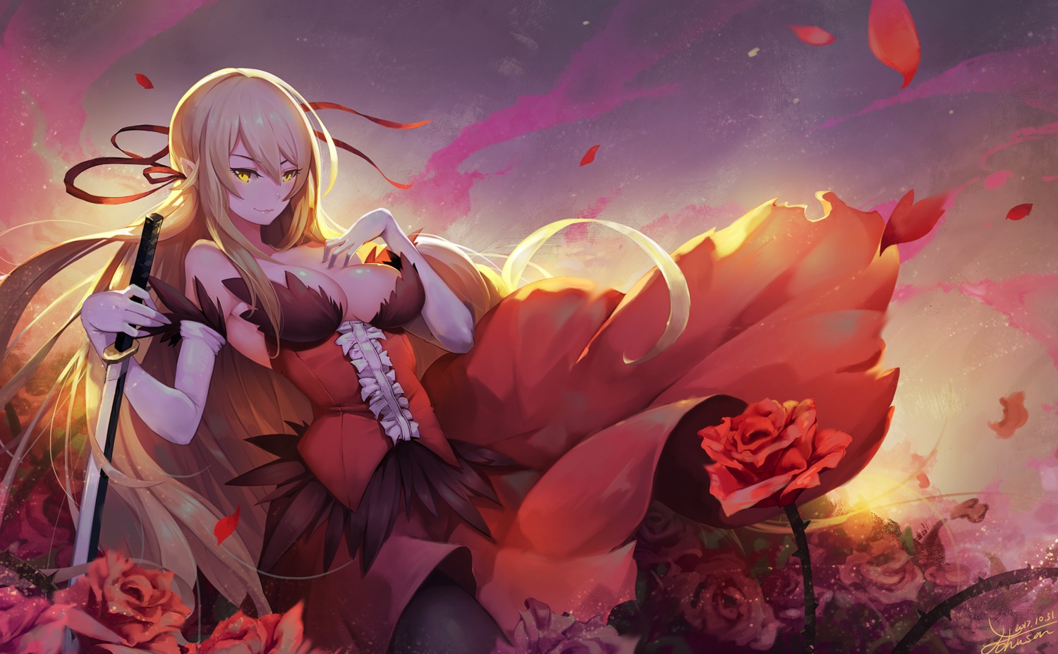 crow_aberdeen kissshot_acerolaorion_heartunderblade kizumonogatari monogatari_(series) pantyhose pointy_ears sword