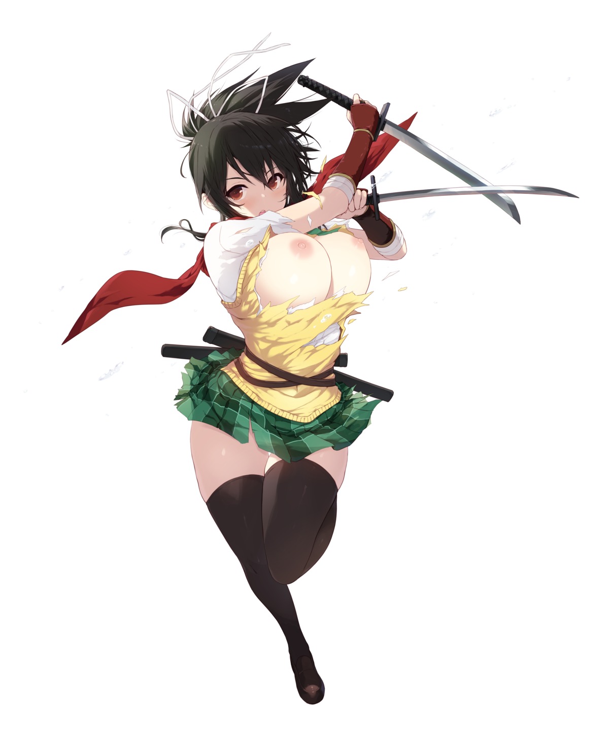 asuka_(senran_kagura) breasts cait nipples no_bra seifuku senran_kagura skirt_lift sweater sword thighhighs torn_clothes wardrobe_malfunction