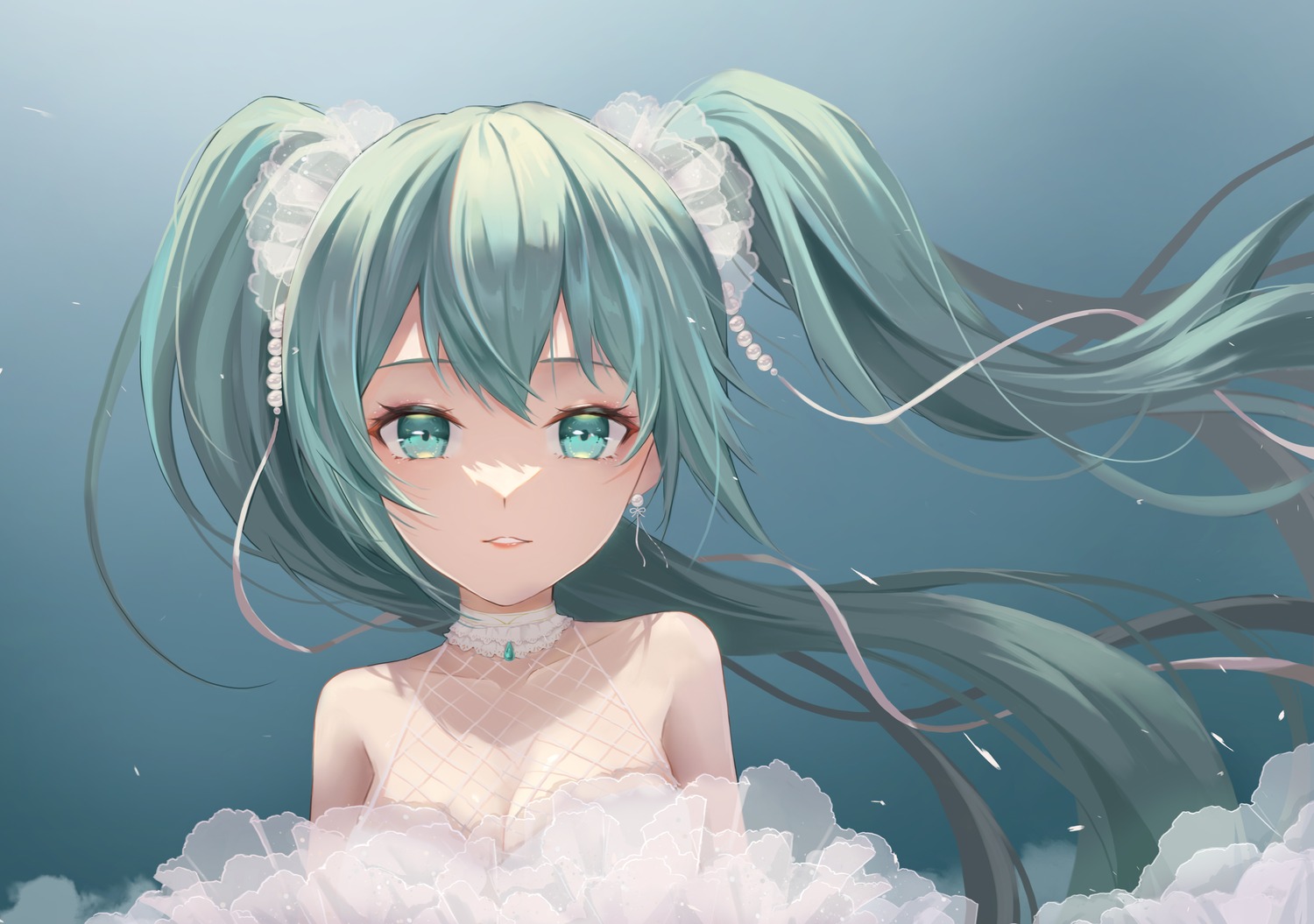 cleavage fishnets hatsune_miku midori_xu no_bra see_through vocaloid