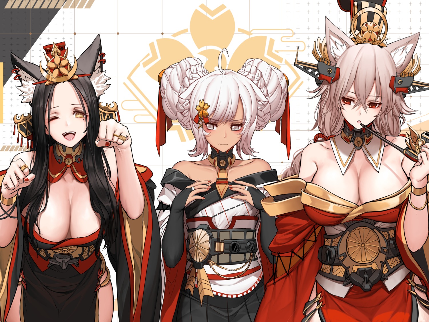 animal_ears azur_lane breast_hold dishwasher1910 japanese_clothes kimono no_bra open_shirt smoking