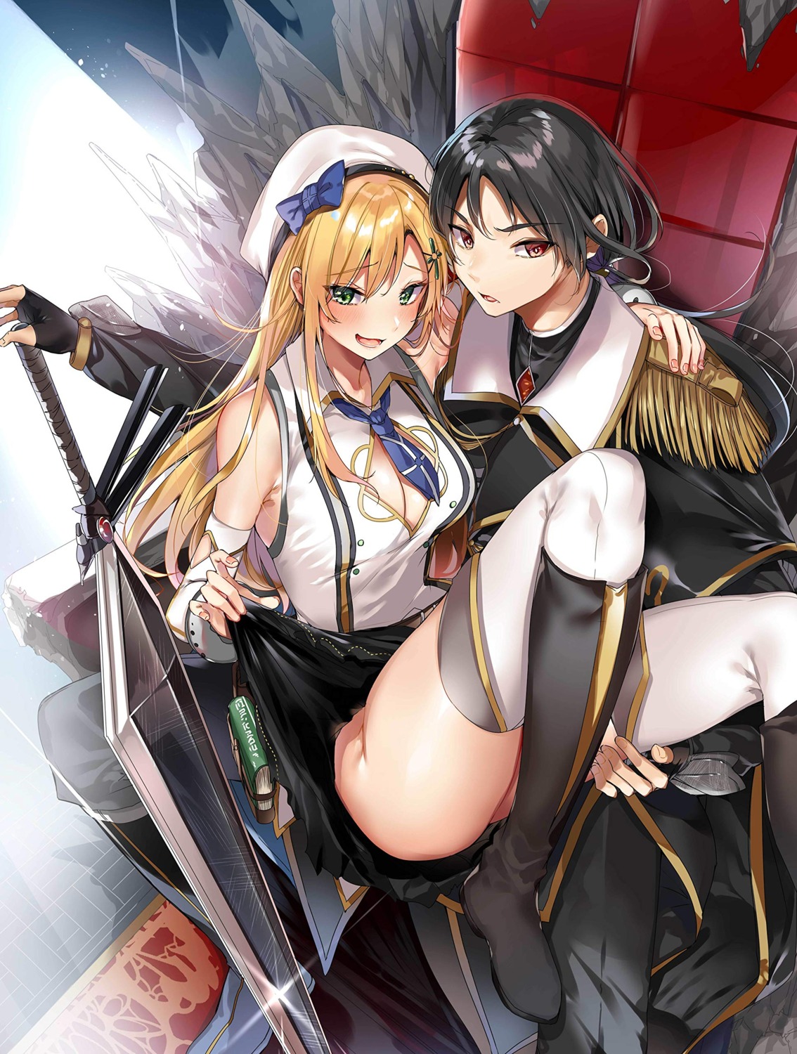 cleavage crossdress heels kakao nopan skirt_lift sword thighhighs uniform yuri