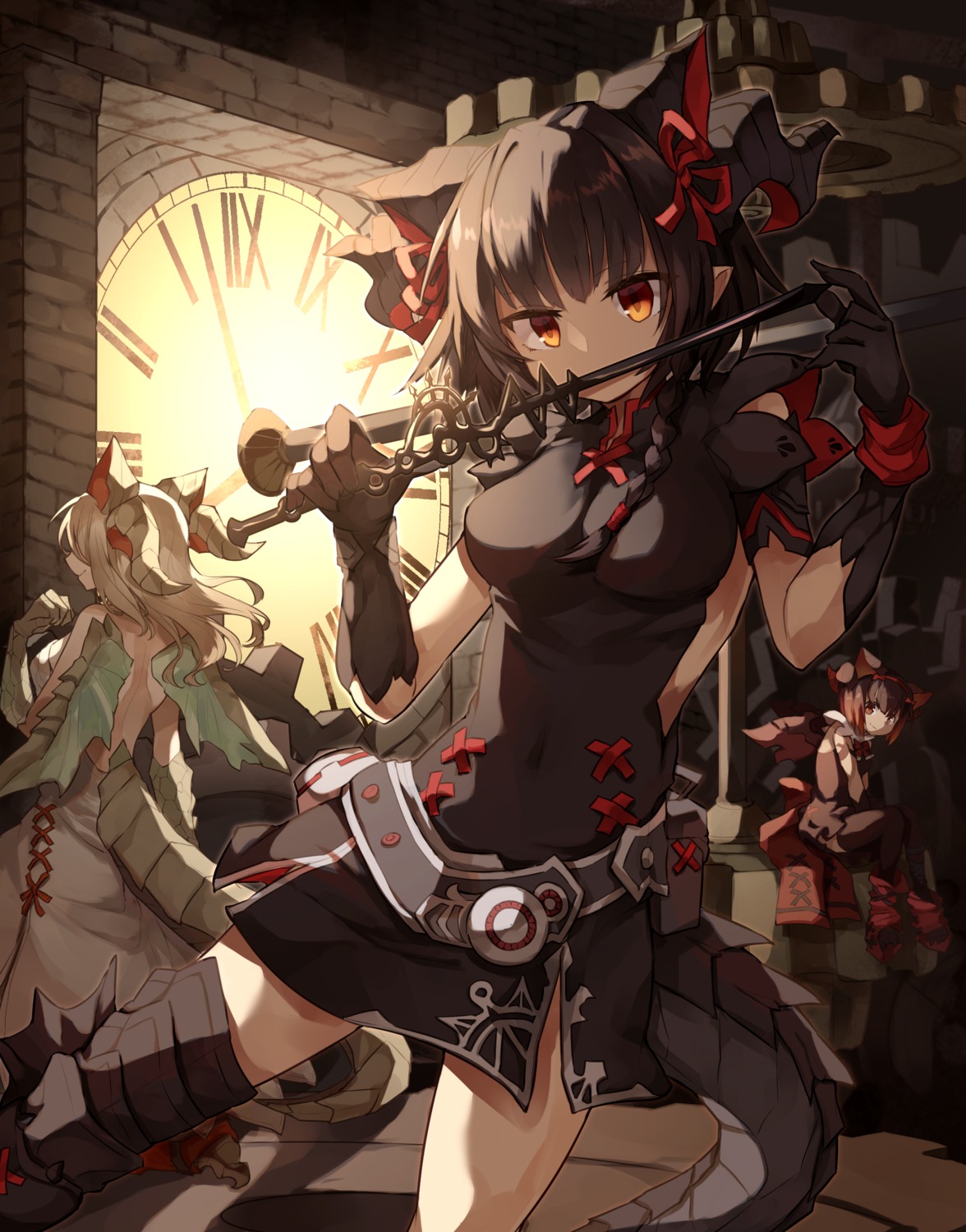 animal_ears asian_clothes dress horns kuuron nekomimi no_bra puzzle_&_dragons tail thighhighs weapon wings