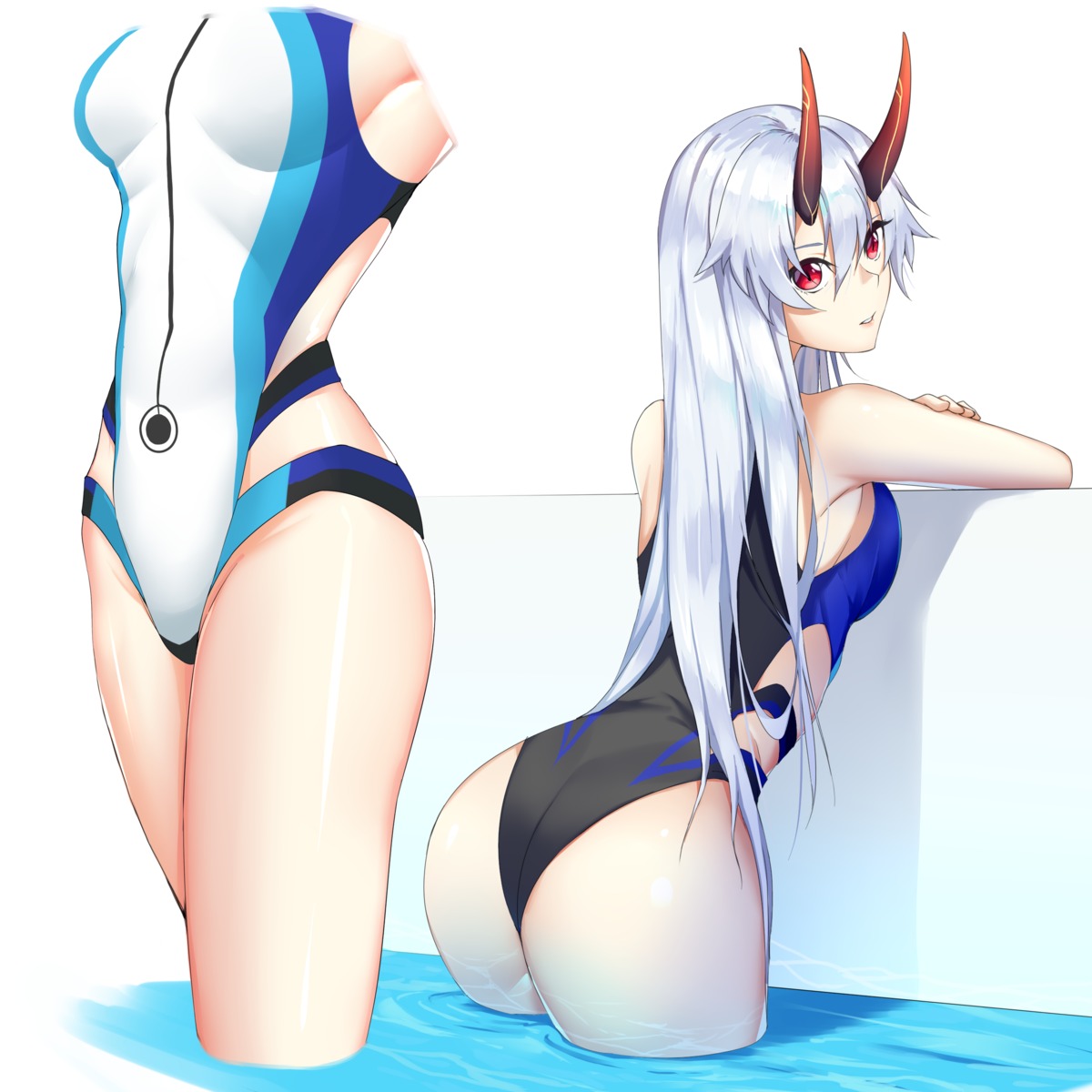 ass fate/grand_order horns swimsuits therrao tomoe_gozen_(fate/grand_order) wet