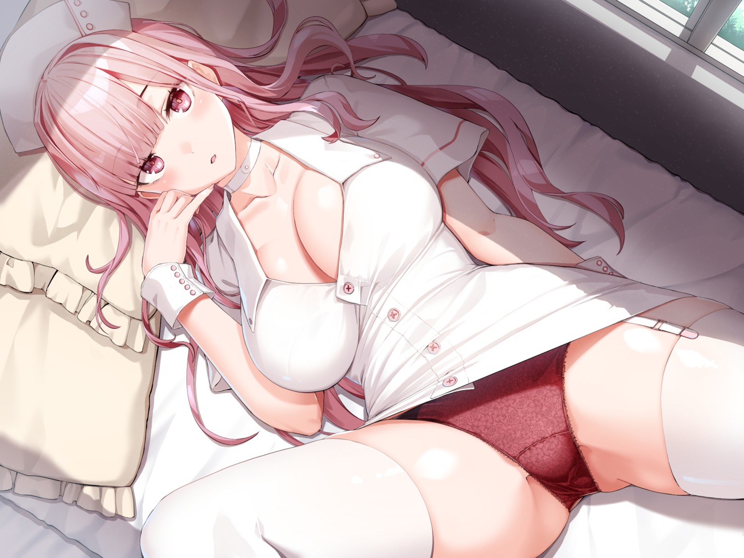 cleavage meth_(emethmeth) nurse pantsu skirt_lift stockings thighhighs