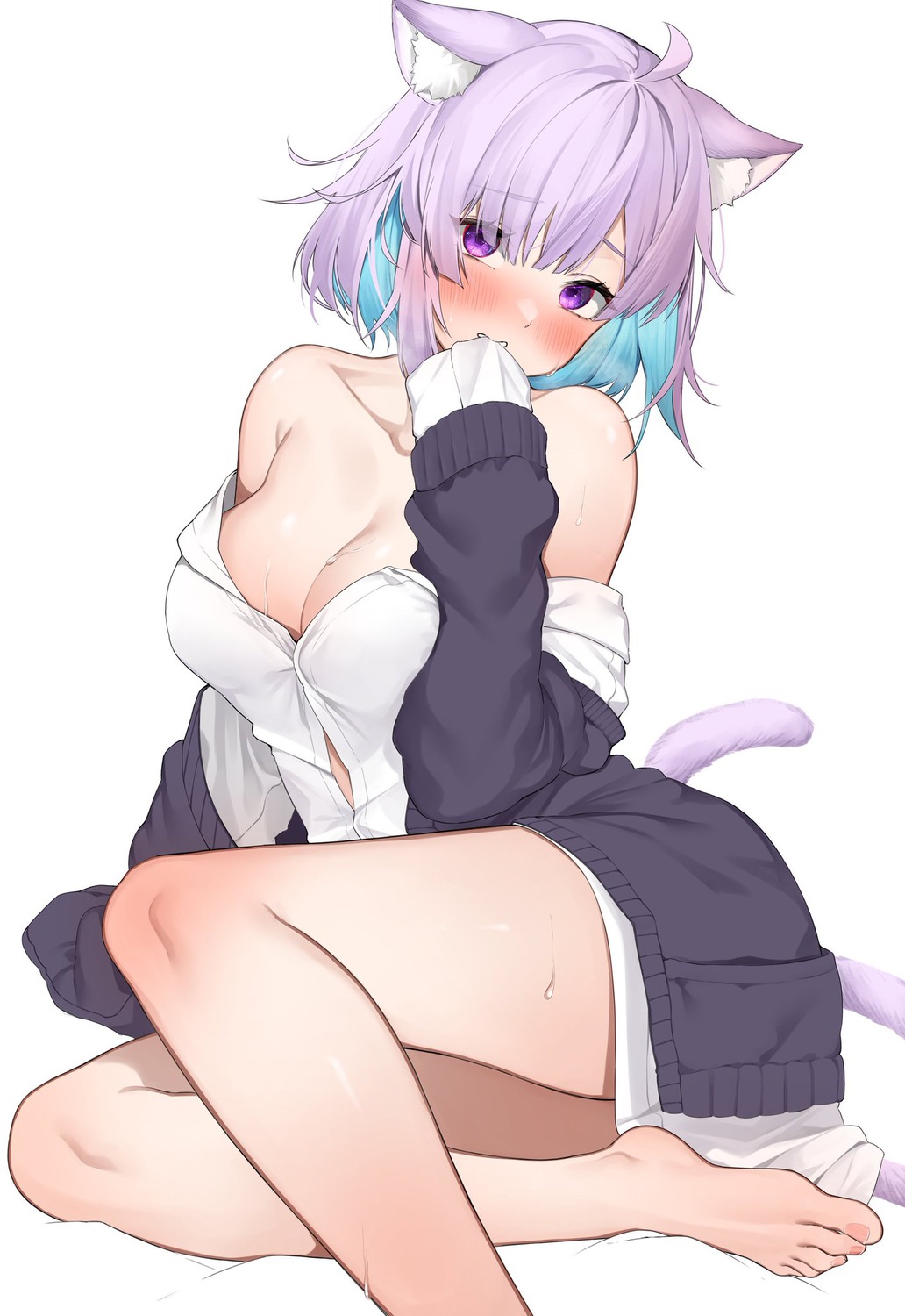 animal_ears breast_hold hololive hololive_gamers nekomata_okayu nekomimi no_bra open_shirt sweater tail yuya_(pixiv37335712)