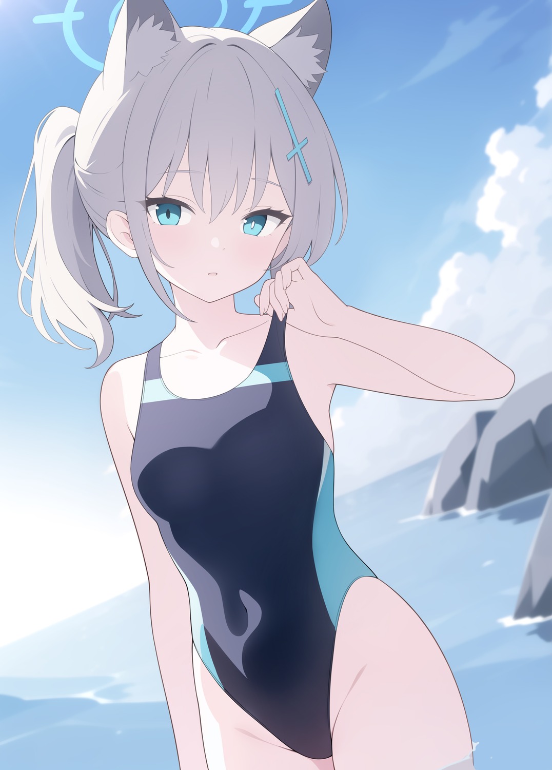 animal_ears blue_archive halo jyt nekomimi sunaookami_shiroko swimsuits wet