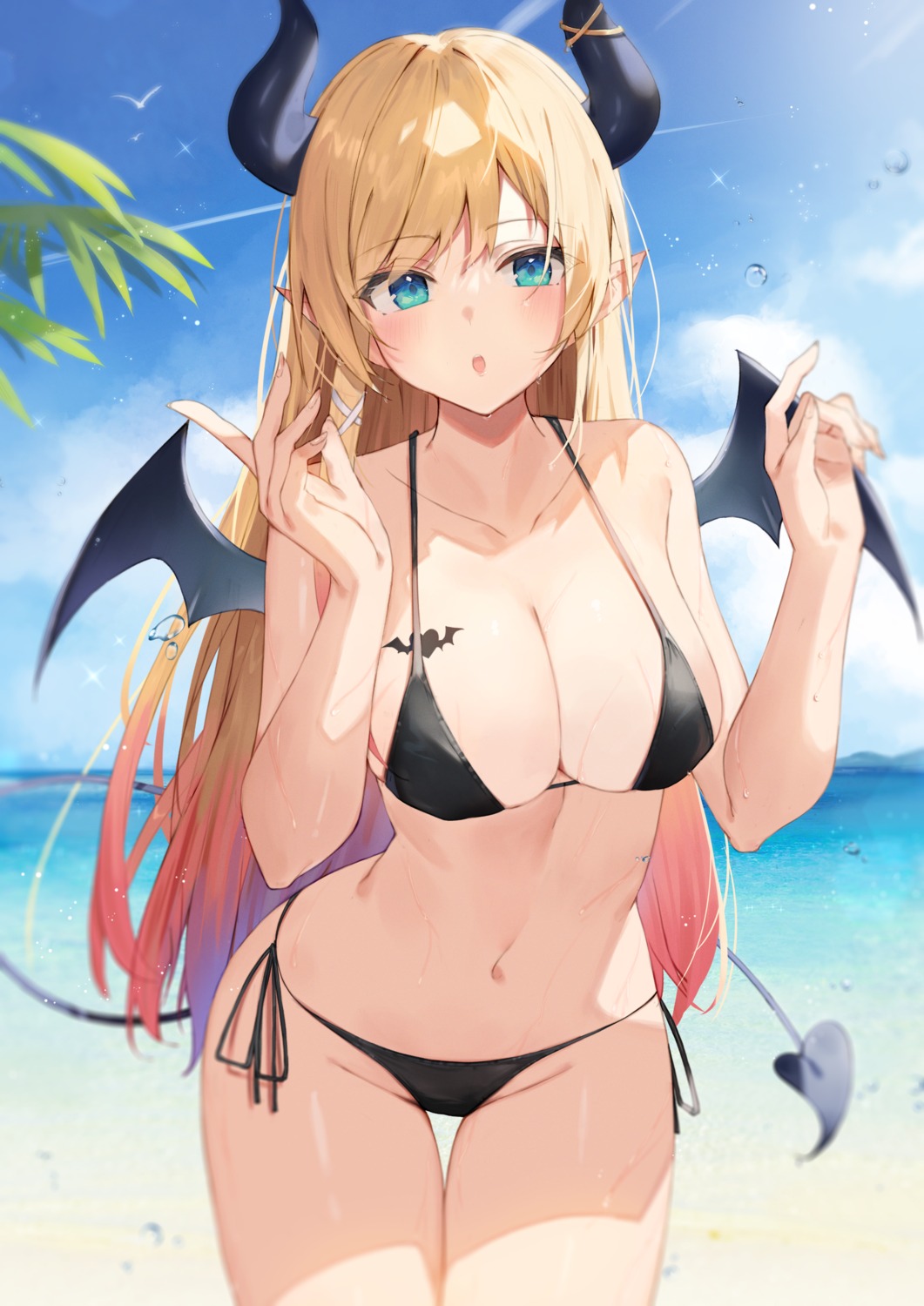 bikini hololive horns pointy_ears swimsuits taht_(that_is_mm) tail wet wings yuzuki_choco