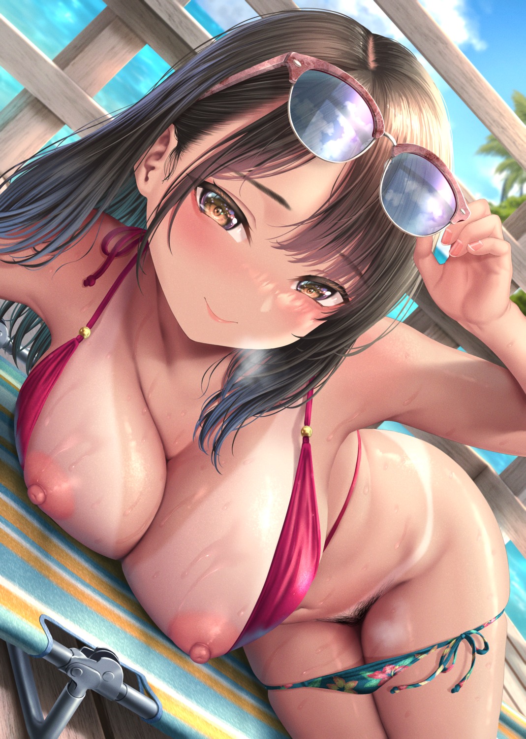 bikini breasts kase_daiki megane nipples panty_pull pubic_hair pussy swimsuits tan_lines uncensored wet