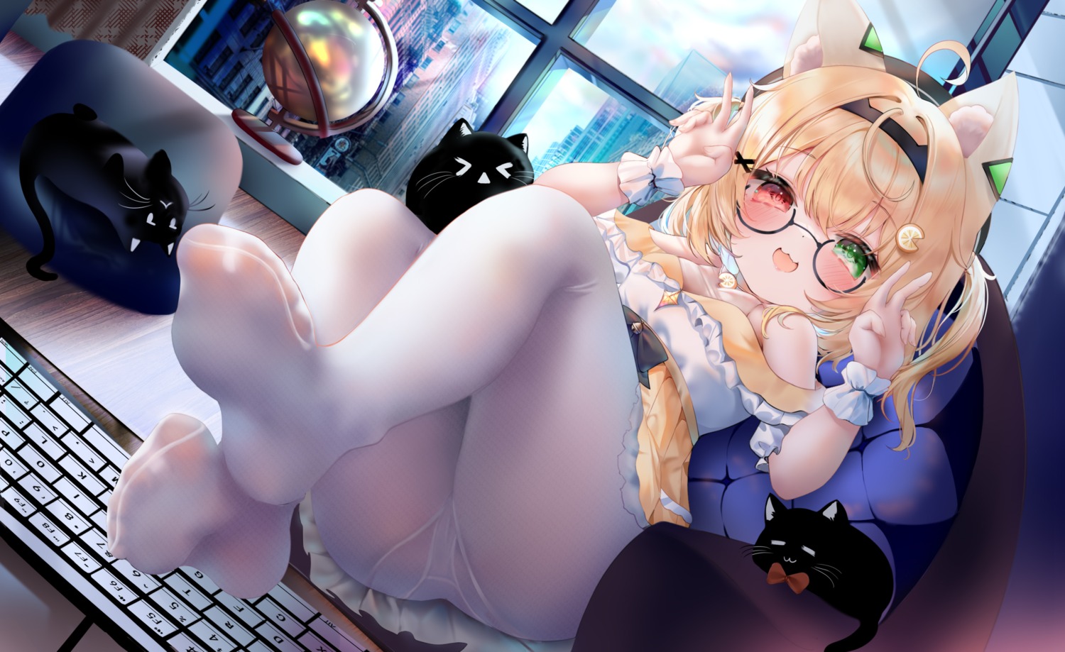 animal_ears cameltoe feet heterochromia loli megane nowa_(13776838) pantsu pantyhose skirt_lift thong