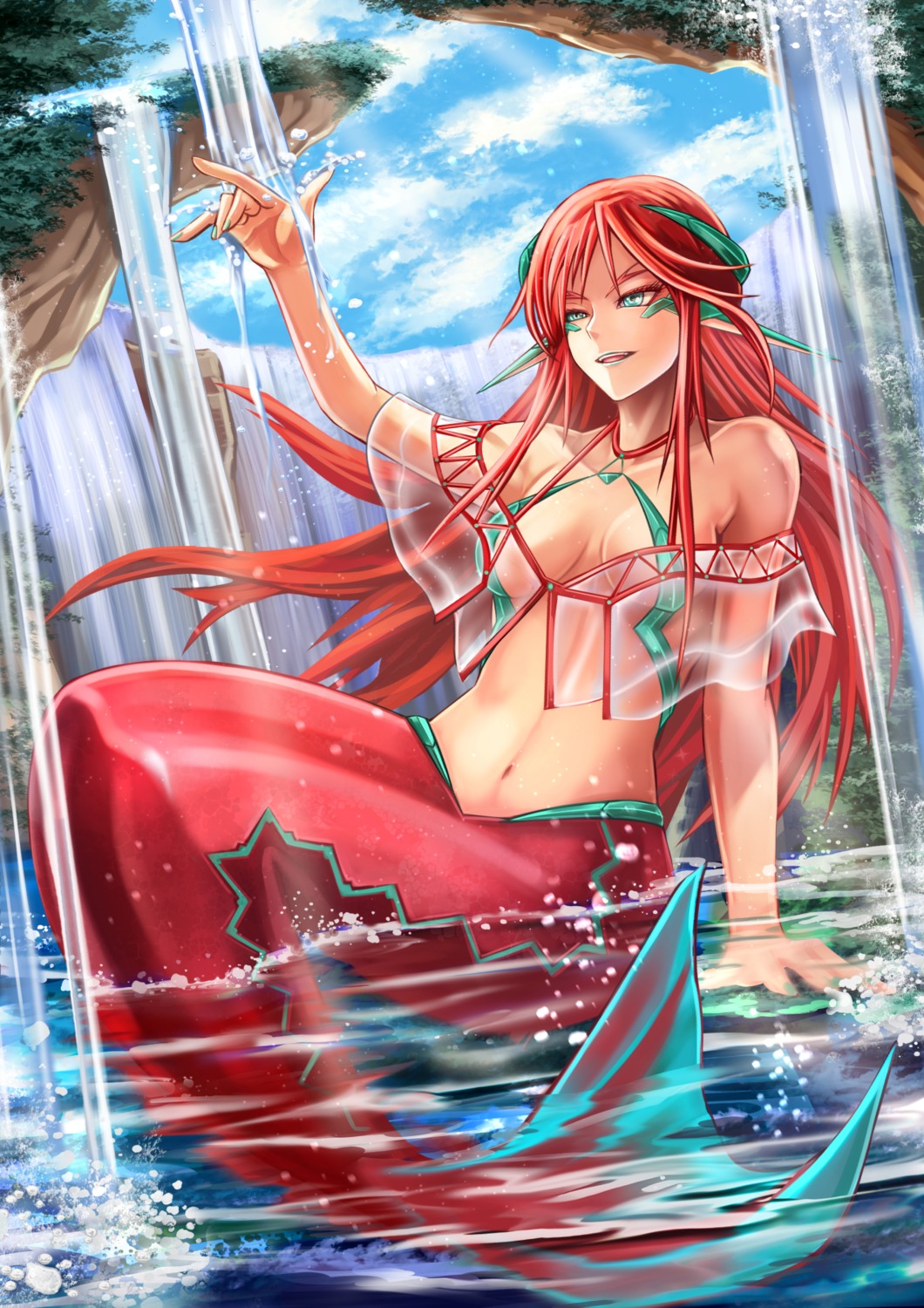 horns kakato mermaid monster_girl no_bra pointy_ears see_through tail wet