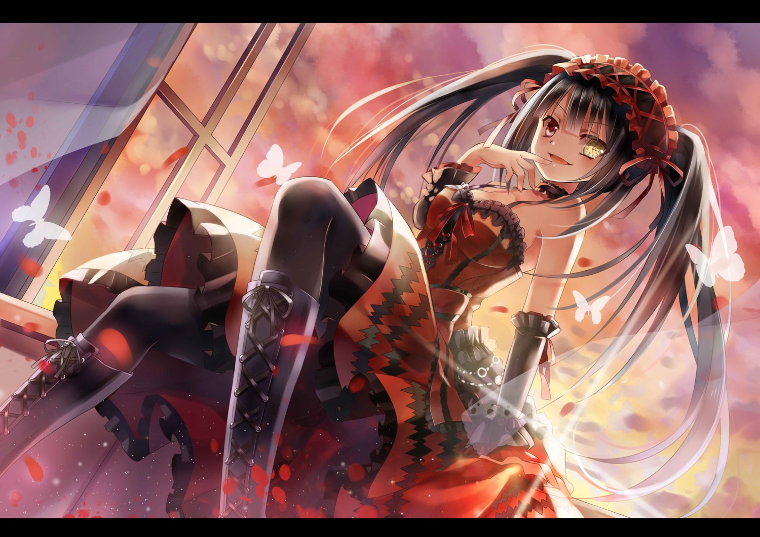 date_a_live dress gothic_lolita heterochromia jiji_(381134808) lolita_fashion no_bra pantyhose tokisaki_kurumi