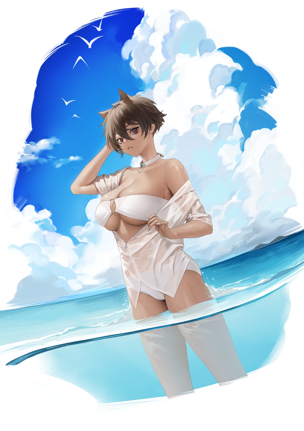 animal_ears bikini dress_shirt nekomimi ohisashiburi open_shirt see_through swimsuits underboob wet wet_clothes