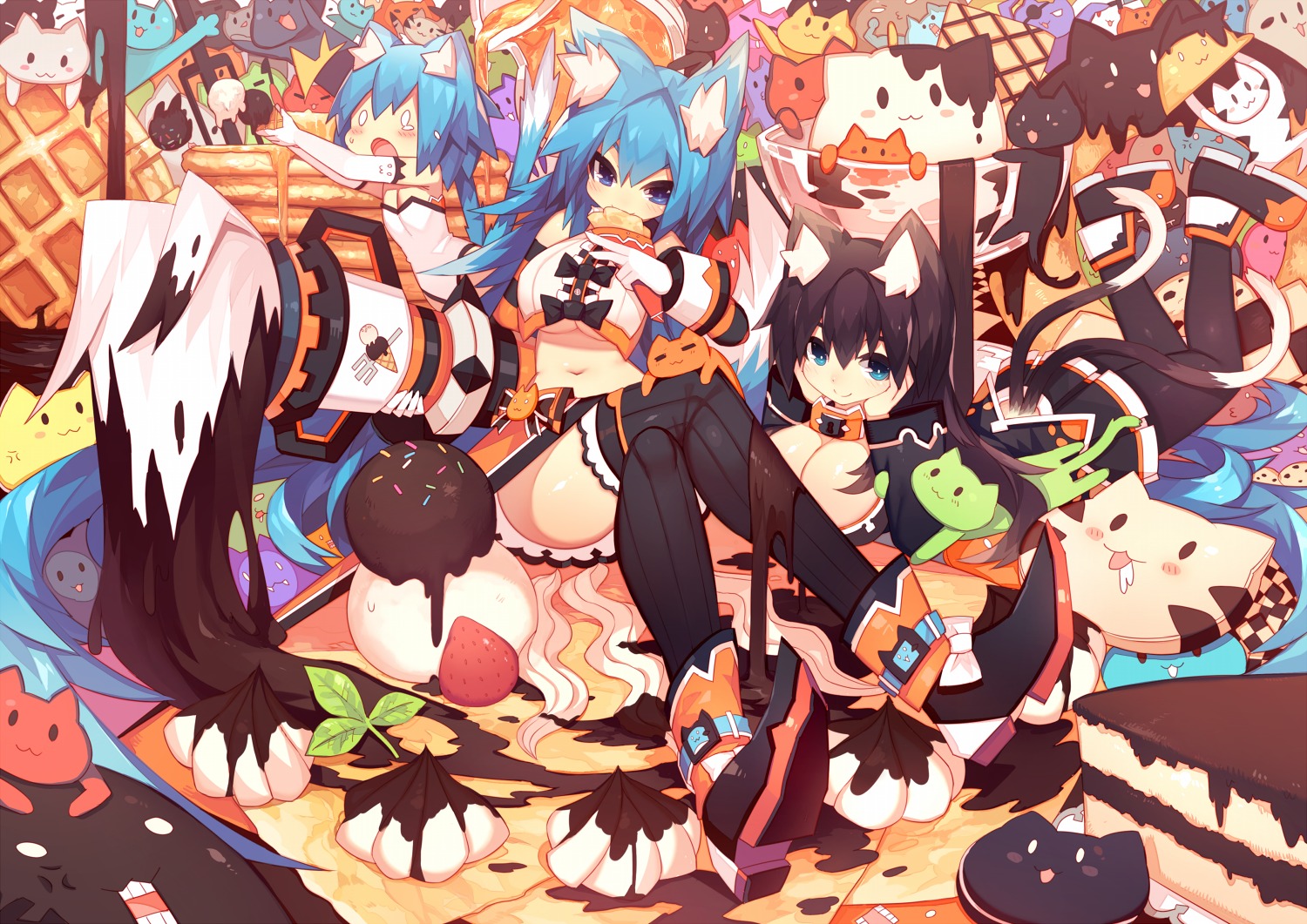 animal_ears chibi cleavage cream heels mamuru neko tail thighhighs underboob