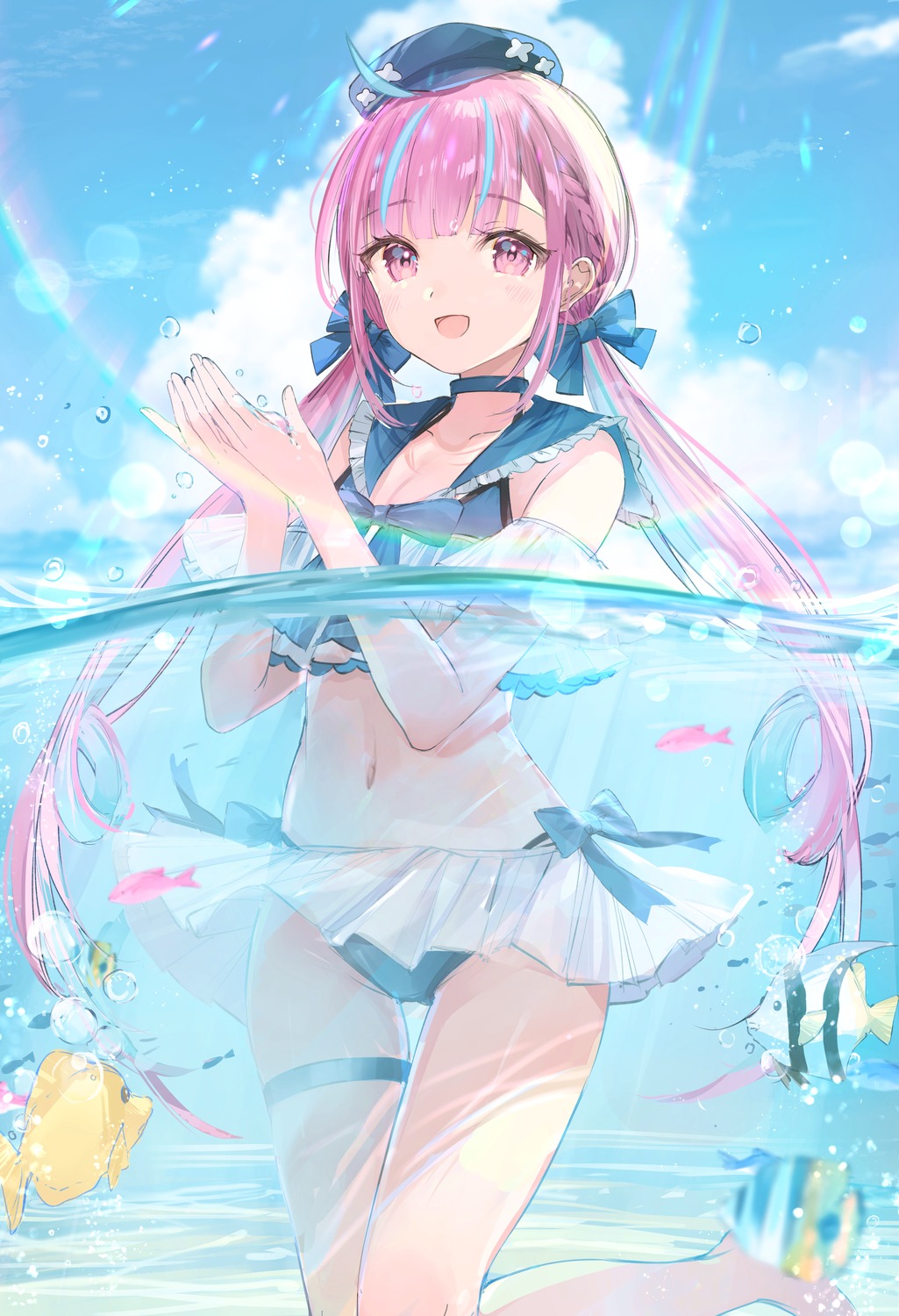 artist_revision bikini garter hololive minato_aqua mochitsuki_usa see_through seifuku skirt_lift swimsuits wet