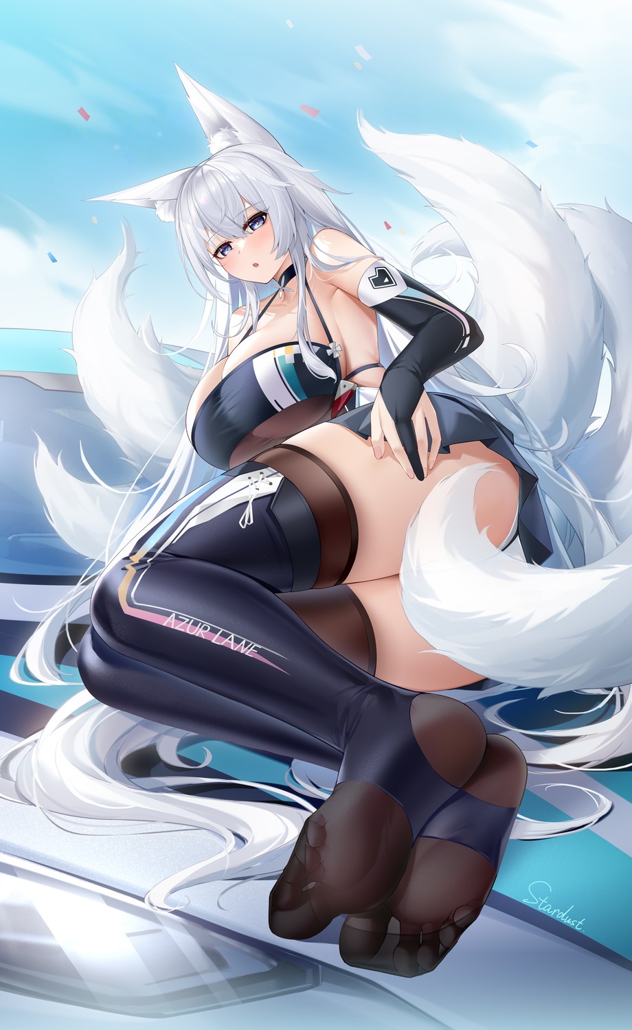 animal_ears azur_lane feet kitsune pantsu shinano_(azur_lane) skirt_lift stardust_(chen'ai_weiding) tail thighhighs