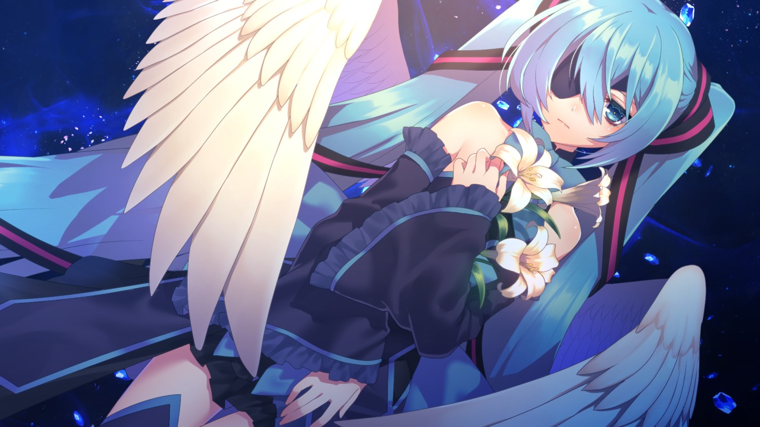 breast_hold dress eyepatch hatsune_miku matsuda_toki thighhighs vocaloid wallpaper wings