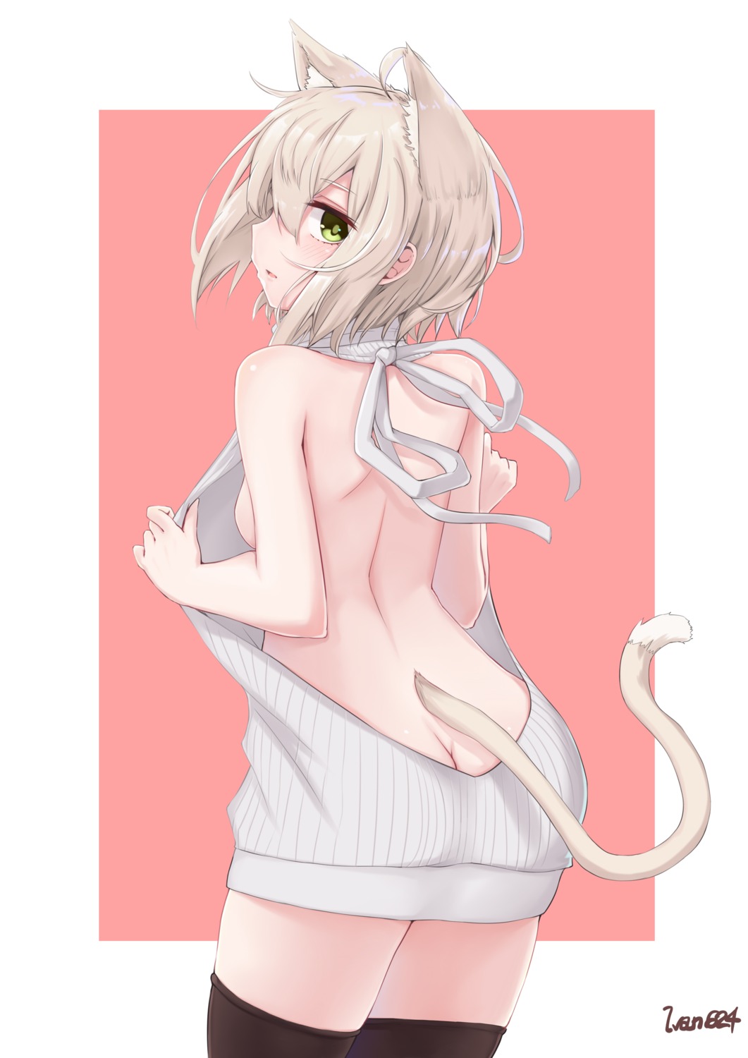 animal_ears ass breasts ivan_wang nekomimi no_bra nopan sweater tail thighhighs