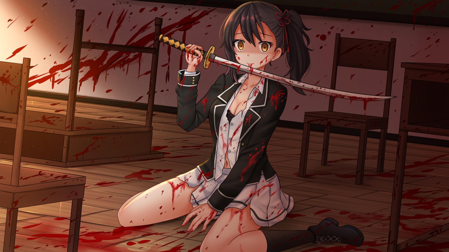 blood bra cleavage kazenokaze open_shirt seifuku sword torn_clothes wallpaper