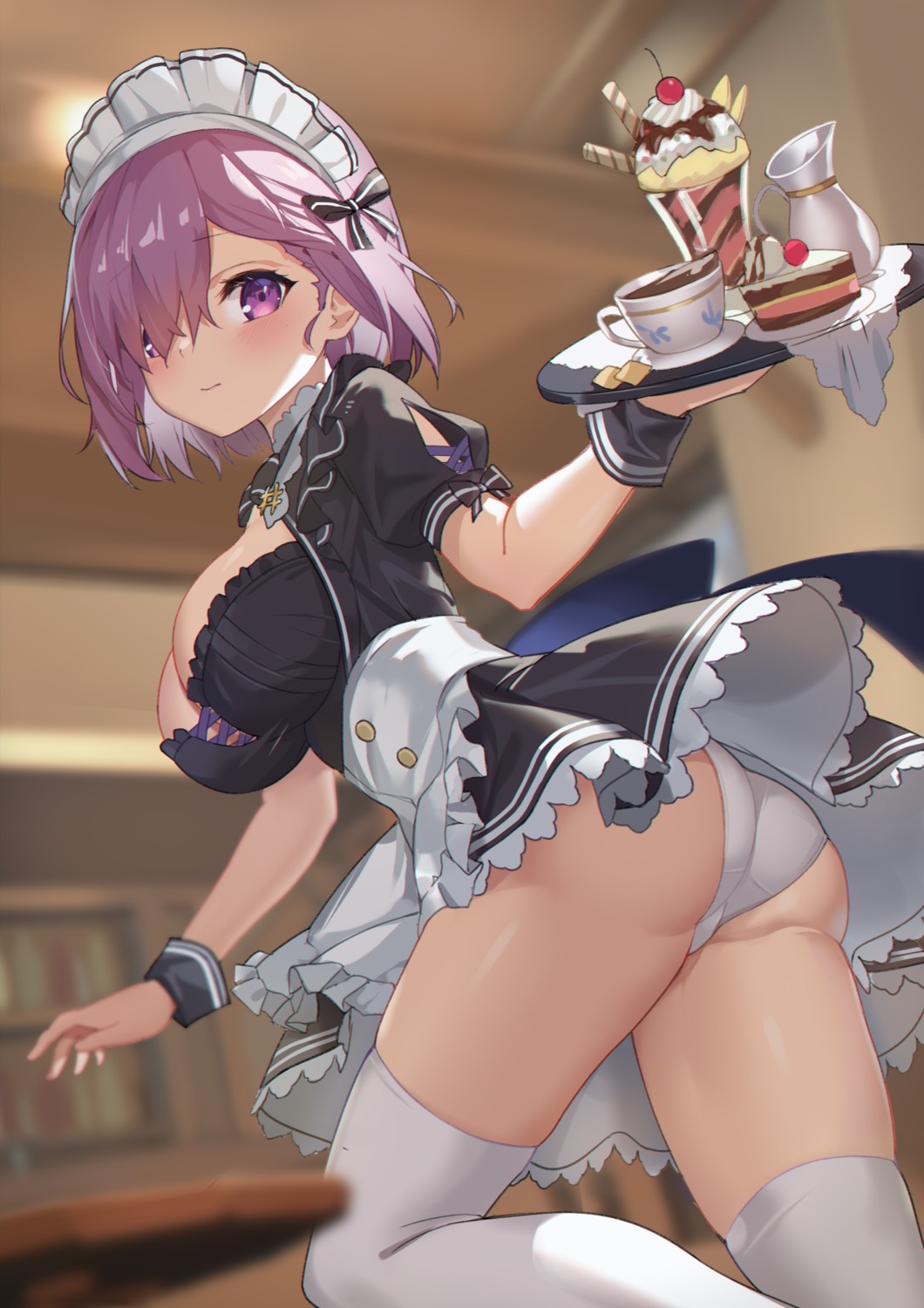 ass devil-dantake fate/grand_order maid mash_kyrielight no_bra pantsu skirt_lift thighhighs waitress