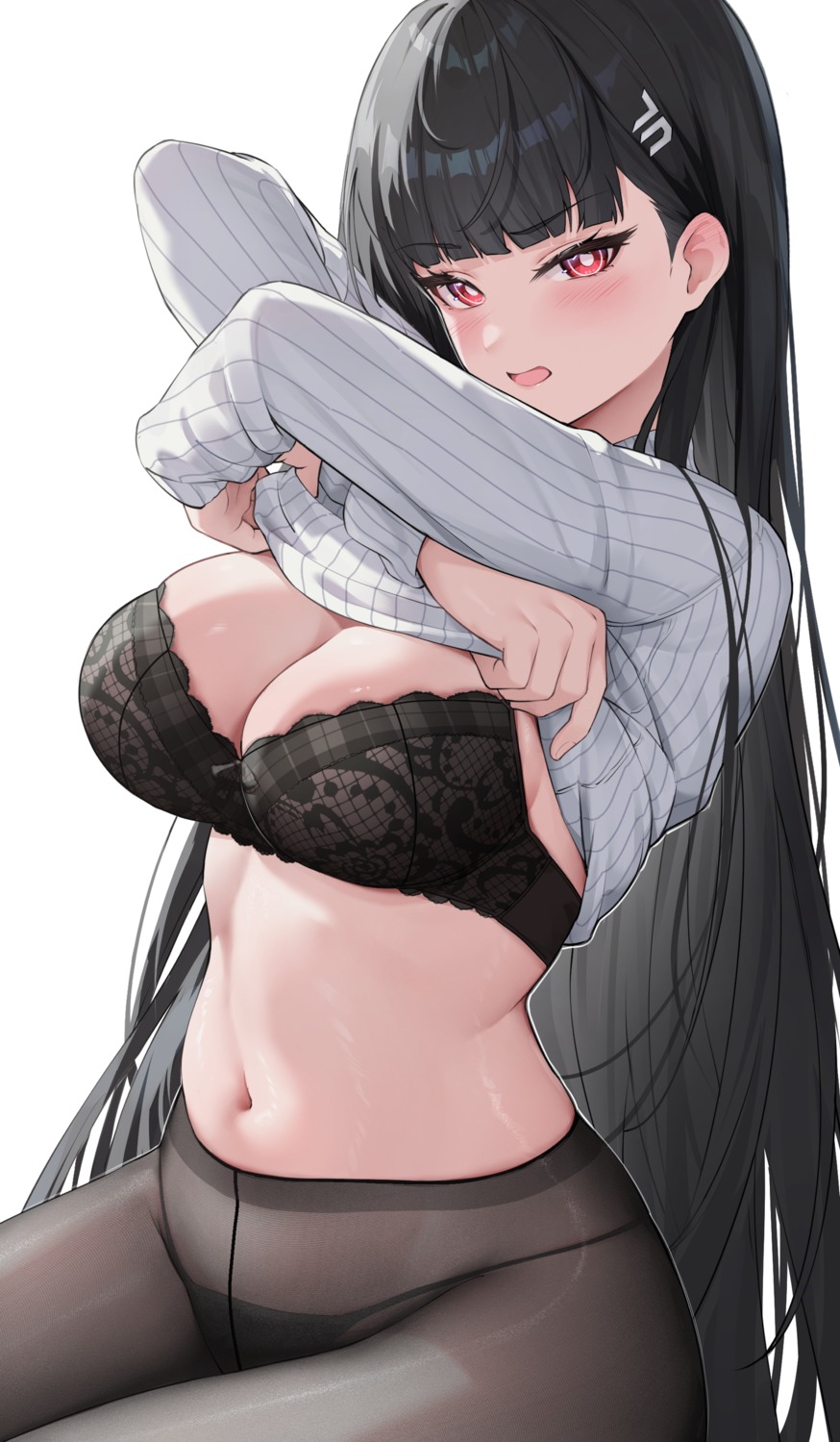 blue_archive bra pantsu pantyhose rosumerii shirt_lift sweater tsukatsuki_rio undressing