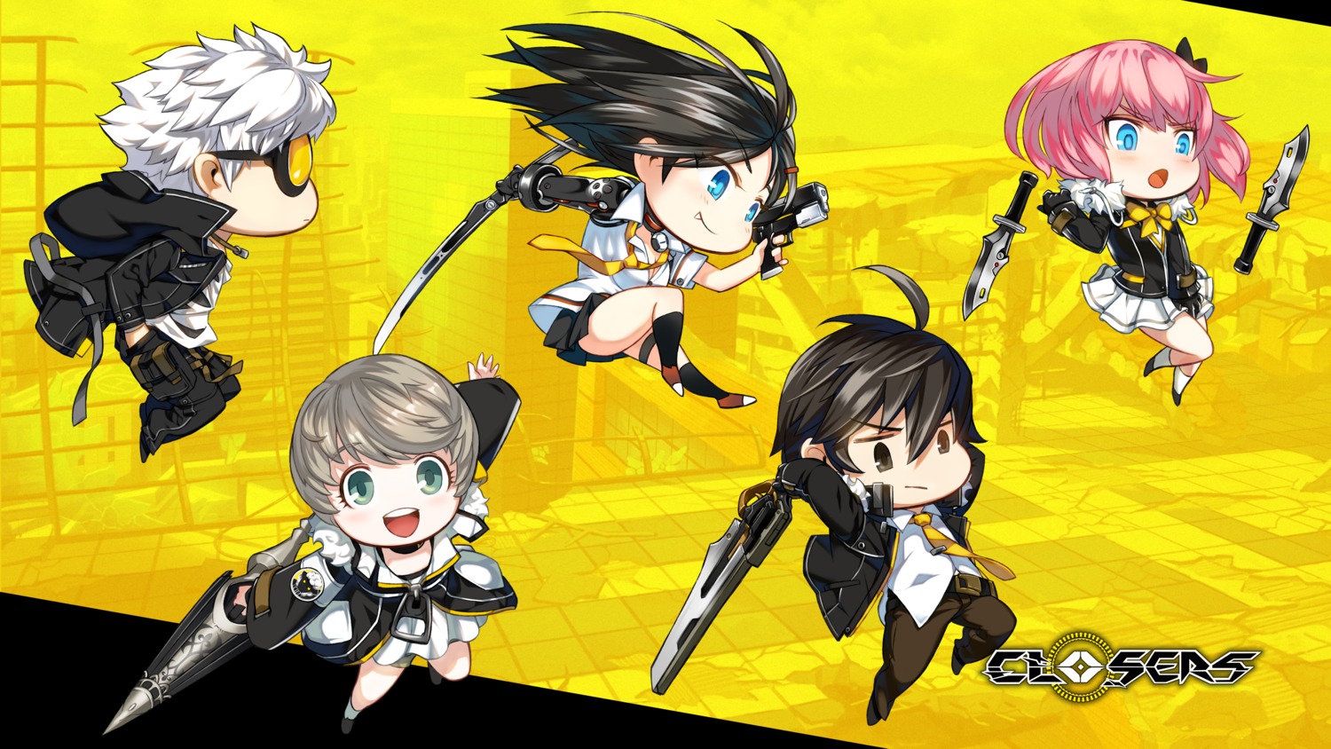 chibi chkuyomi cleavage closers j_(closers) megane mistilteinn_(closers) seha_lee seifuku seulbi_lee sword trap weapon yuri_seo