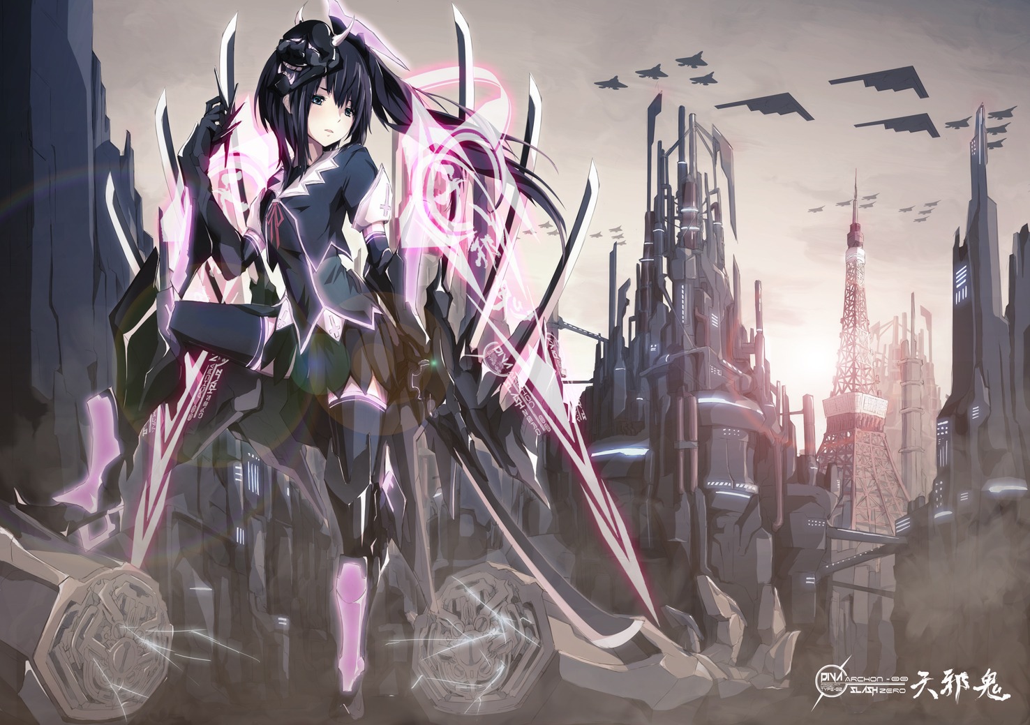 landscape mecha_musume meron_to_maria sword thighhighs