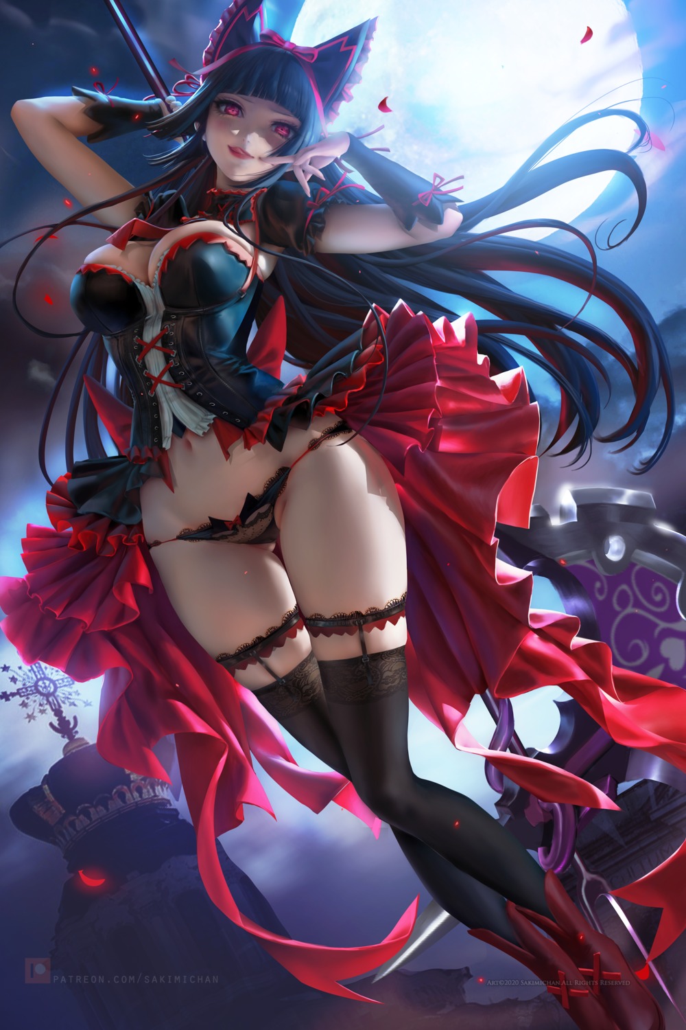 cleavage dress garter gate:_jieitai_kanochi_nite_kaku_tatakaeri lolita_fashion no_bra pantsu rory_mercury sakimichan see_through stockings thighhighs weapon