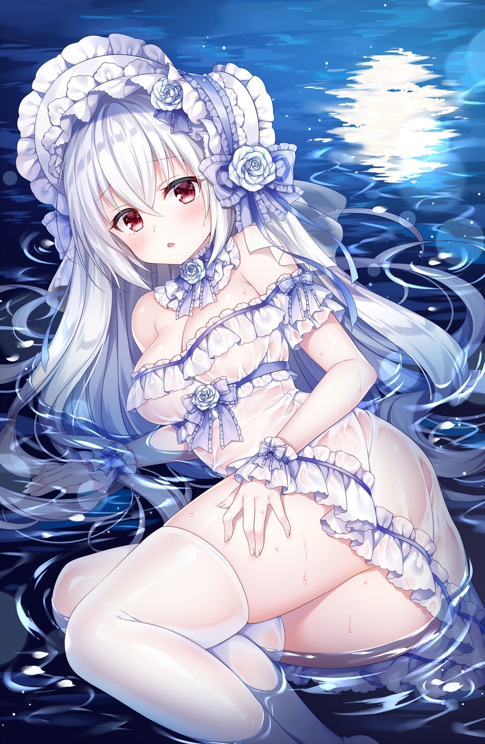 areola ass dress kyuuketsuki-chan_(mitsuba_choco) lolita_fashion mitsuba_choco no_bra see_through thighhighs wet wet_clothes