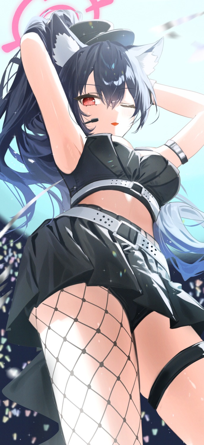 animal_ears blue_archive fishnets garter halo haruri kuromi_serika nekomimi skirt_lift uniform