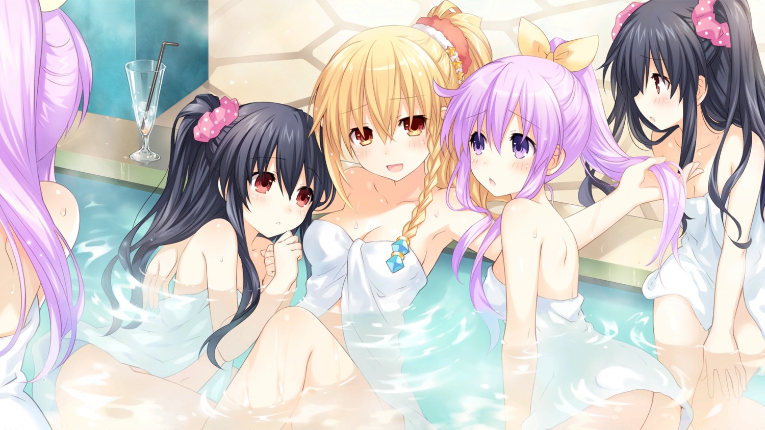 choujigen_game_neptune cleavage million_arthur_(choujigen_game_neptune) nepgear onsen towel tsunako uni_(choujigen_game_neptune) wet