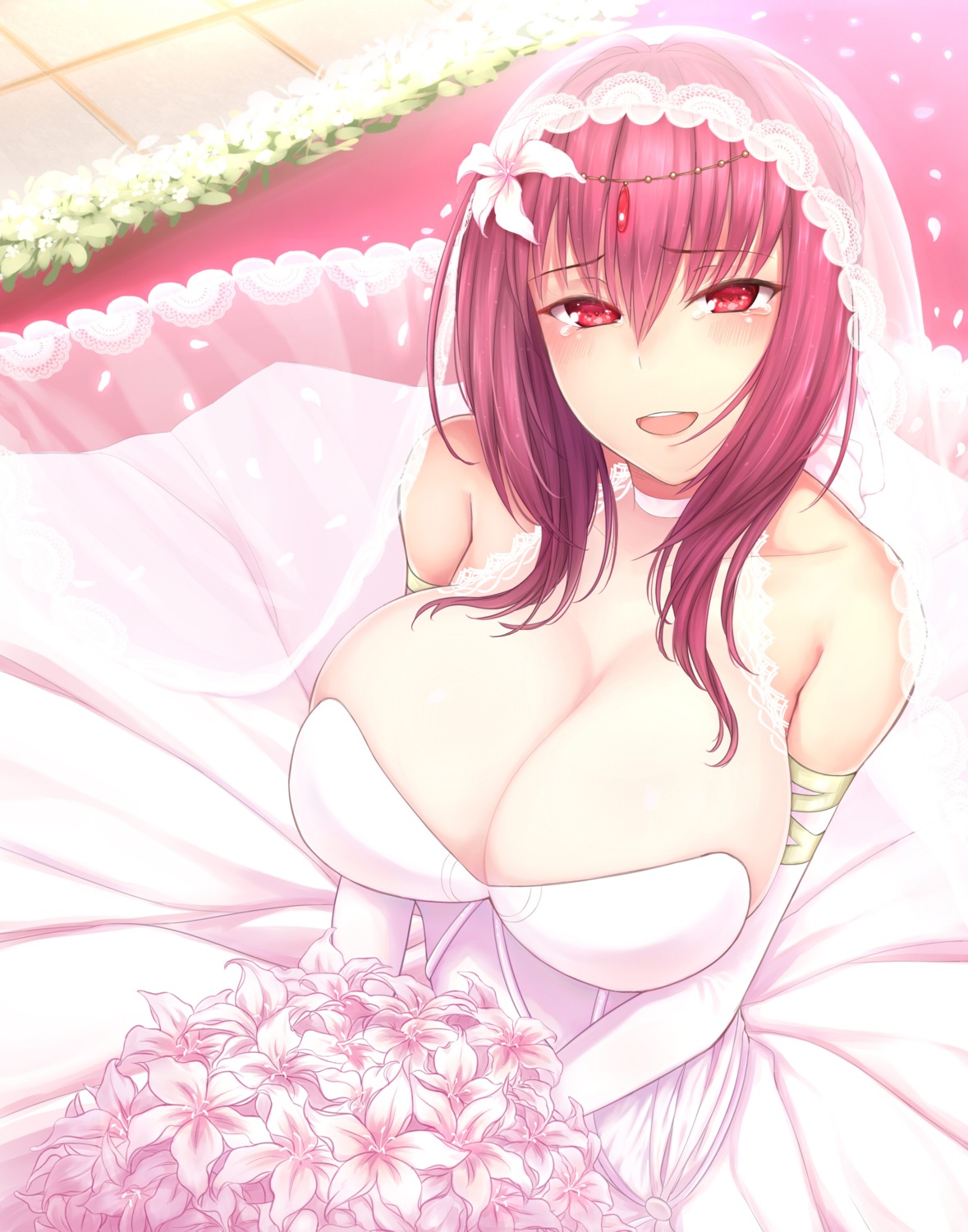cleavage dress fate/grand_order lun7732 scathach_(fate/grand_order) wedding_dress