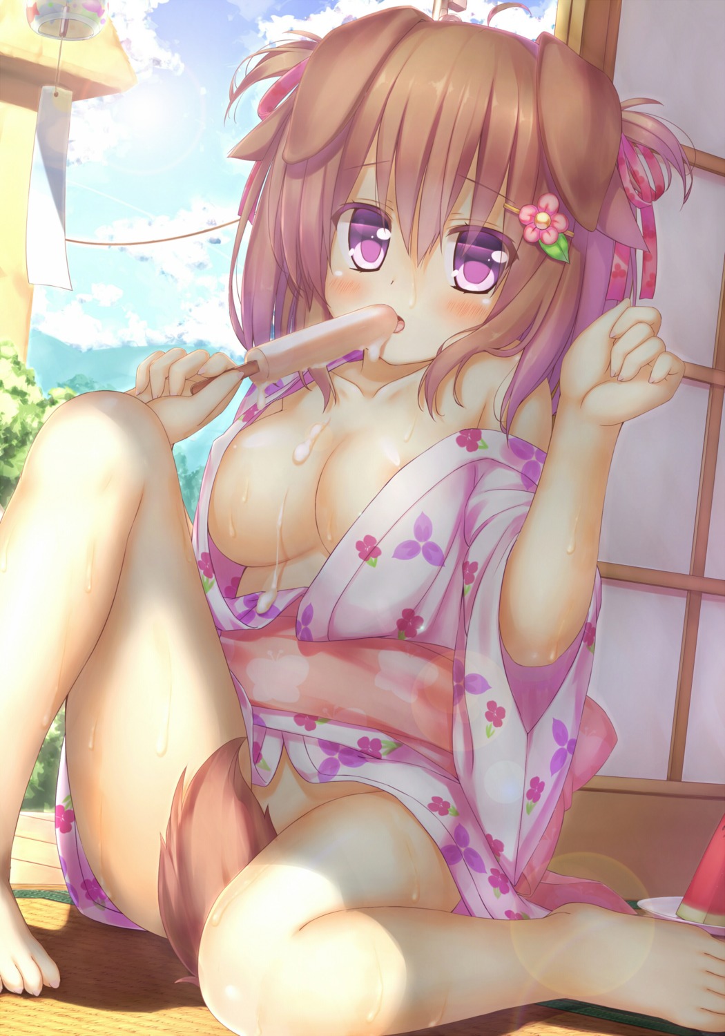 animal_ears areola cleavage cream inumimi no_bra nopan tail yukata zazazazazazawa