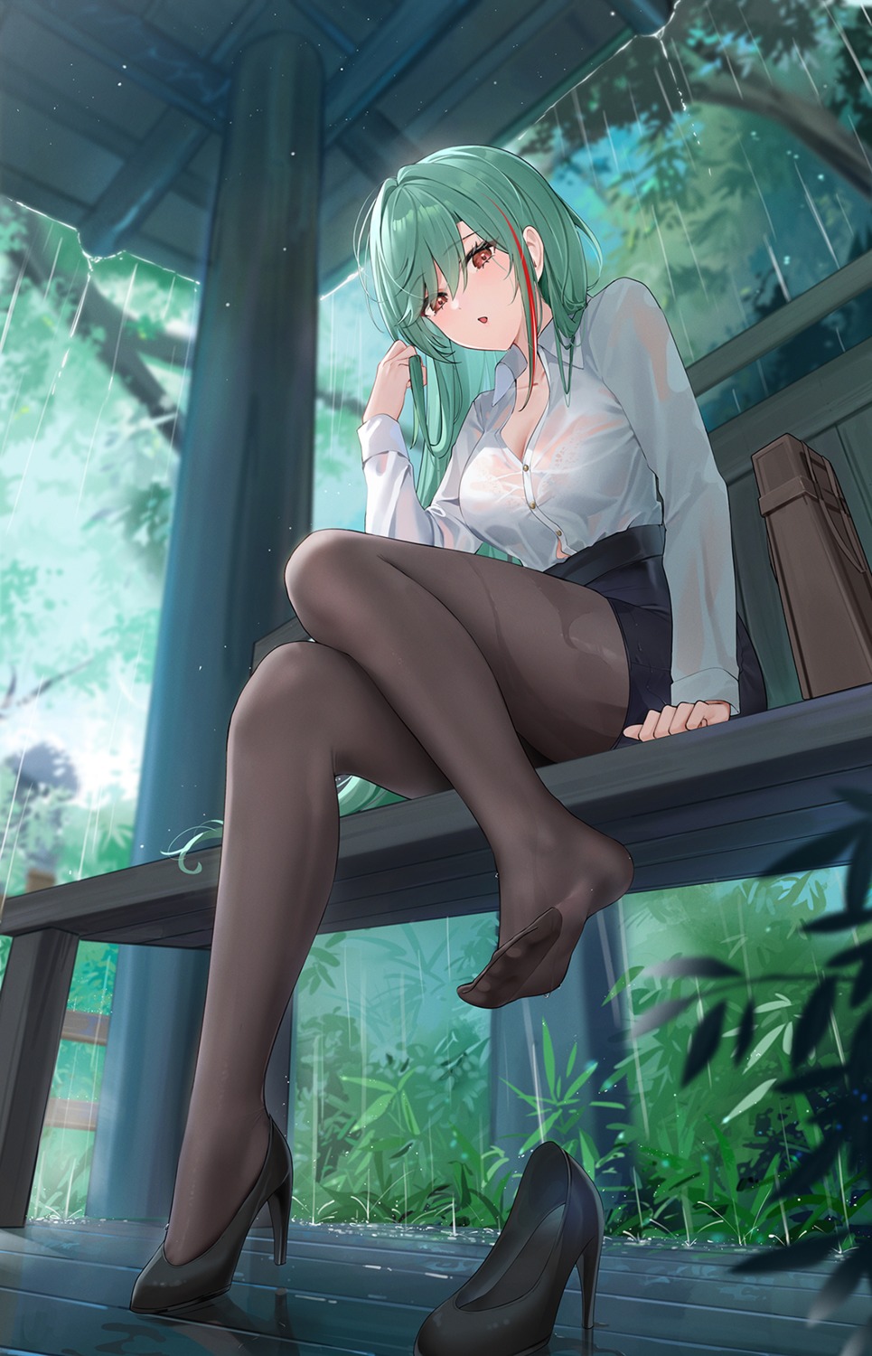 azur_lane bra feet heels littorio_(azur_lane) open_shirt pantyhose qing_wu see_through wet_clothes