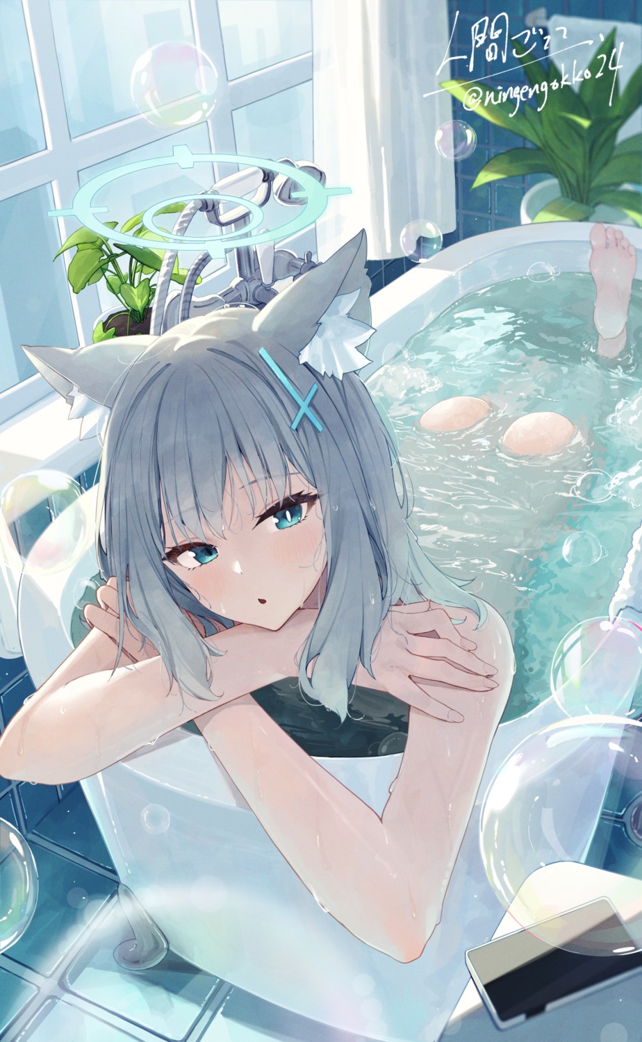 animal_ears bathing blue_archive halo naked nekomimi ningen_gokko sunaookami_shiroko wet