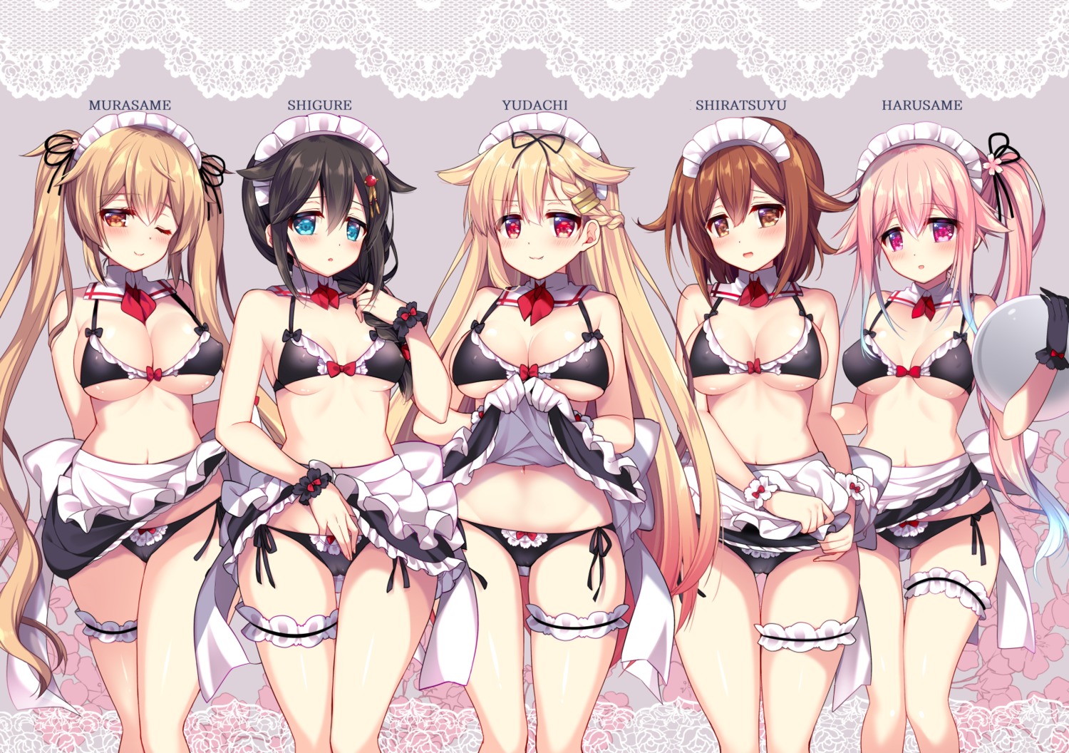 bra cameltoe erect_nipples garter harusame_(kancolle) kantai_collection maid murasame_(kancolle) pantsu ringo_sui shigure_(kancolle) shiratsuyu_(kancolle) skirt_lift string_panties yuudachi_(kancolle)