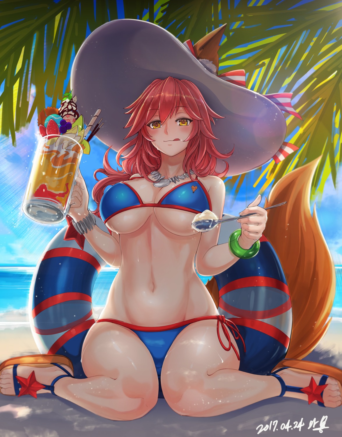 animal_ears bikini cleavage fate/extra fate/stay_night hellma123 swimsuits tail tamamo_no_mae underboob