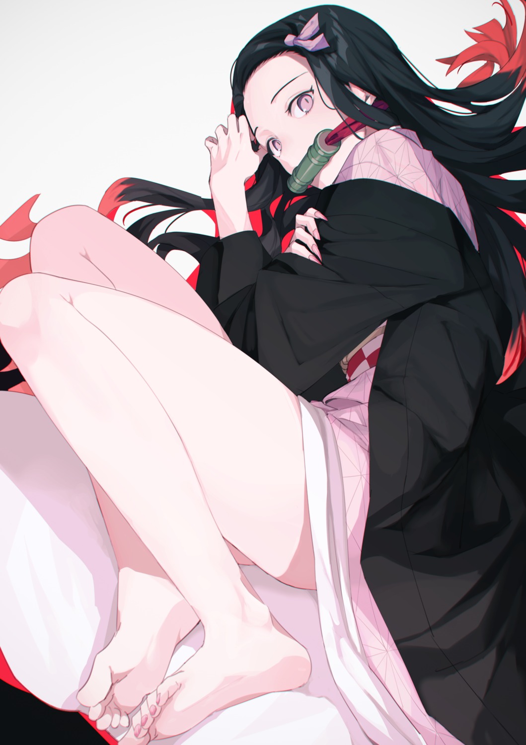 feet japanese_clothes kamado_nezuko kimetsu_no_yaiba skirt_lift wakahiko