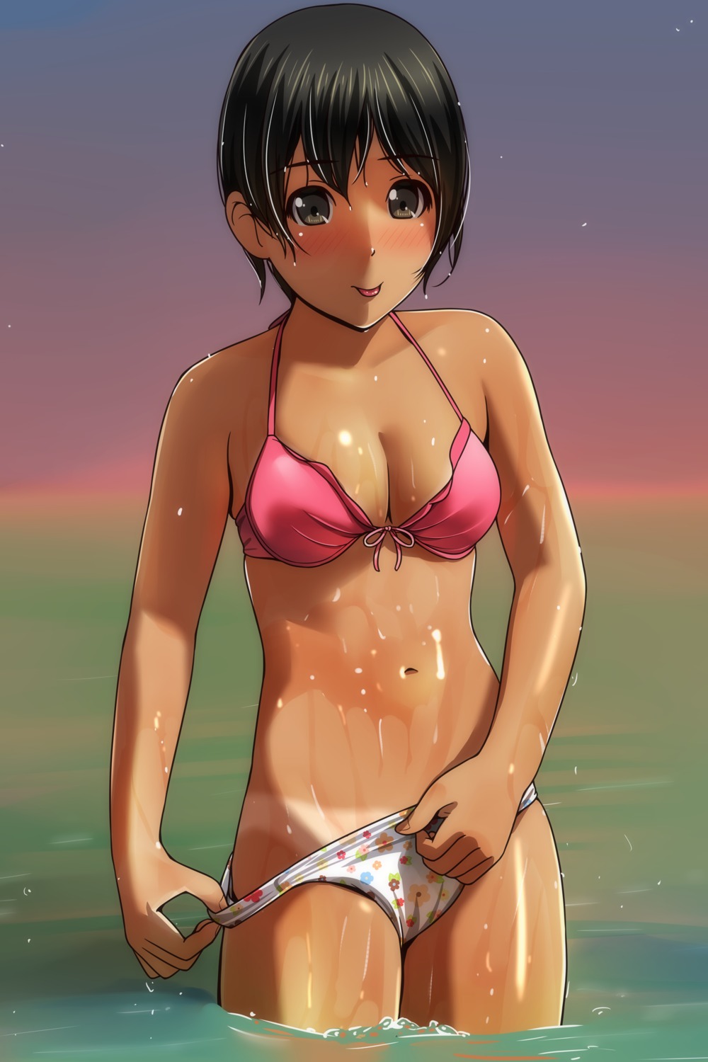 bikini cleavage matsunaga_kouyou panty_pull swimsuits tan_lines undressing wet