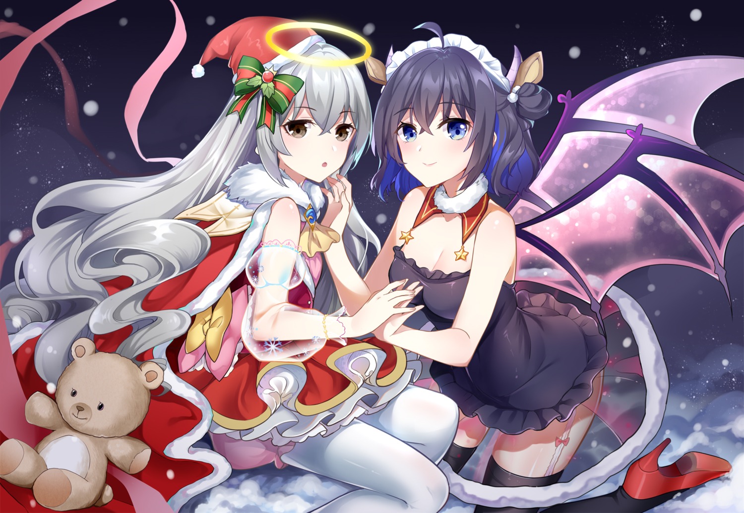 animal_ears benghuai_xueyuan bloomers bronya_zaychik christmas cleavage dress gou_lianlian_dogface heels honkai_impact horns pantyhose seele_vollerei stockings thighhighs wings