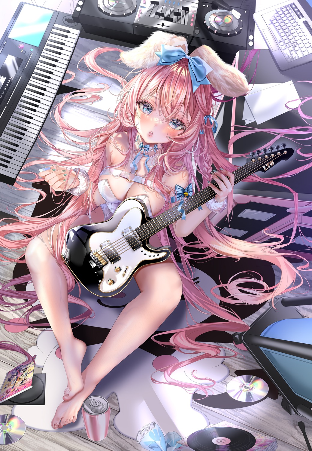 animal_ears bunny_ears bunny_girl guitar isari_sensei no_bra