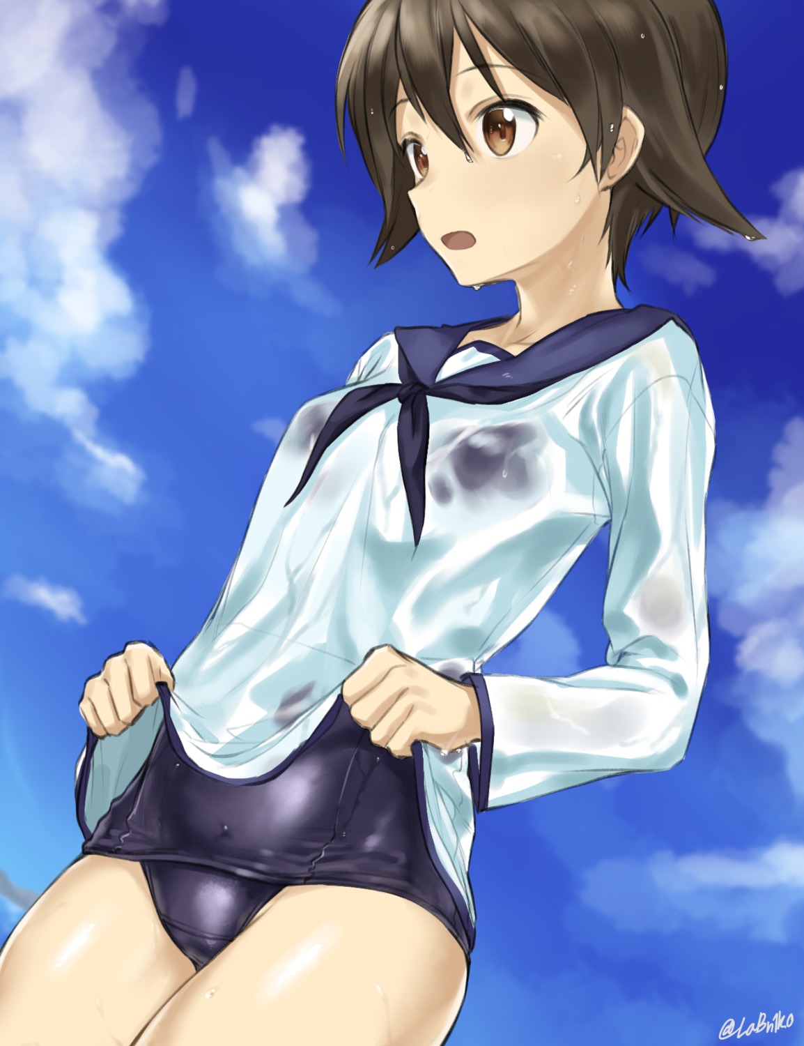 fankupl miyafuji_yoshika school_swimsuit see_through shirt_lift strike_witches swimsuits wet wet_clothes